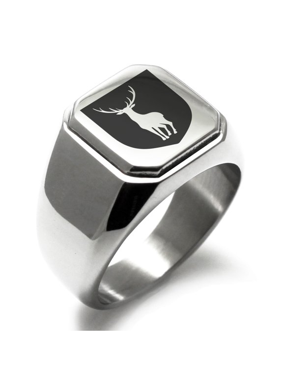 Stainless Steel Stag Purity Coat of Arms Shield Engraved Square Flat Top Biker Style Polished Signet Ring