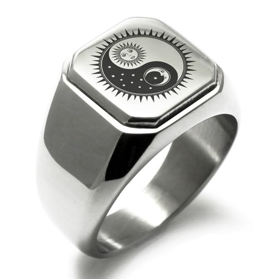 Tioneer Stainless Steel Sun & Moon Yin Yang Engraved CZ Square Flat Top Biker Style Signet Ring