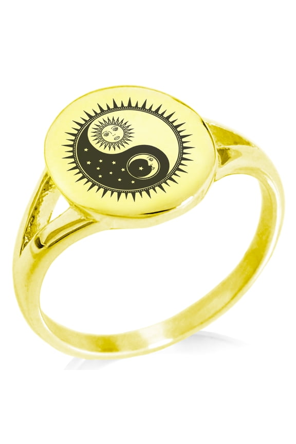 Stainless Steel Sun & Moon Yin Yang Minimalist Oval Top Polished Statement Signet Ring