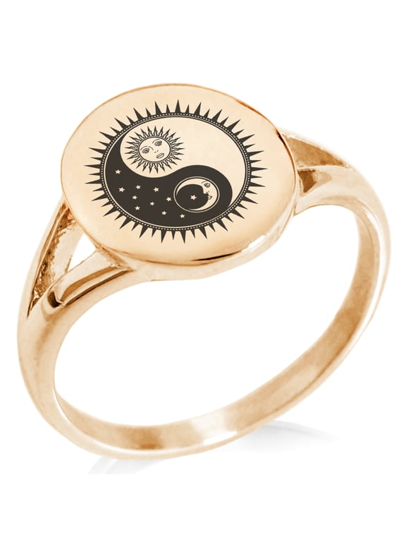 Stainless Steel Sun & Moon Yin Yang Minimalist Oval Top Polished Statement Signet Ring