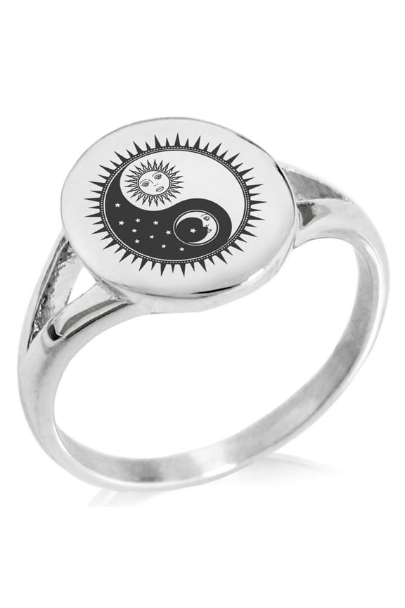 Stainless Steel Sun & Moon Yin Yang Minimalist Oval Top Polished Statement Signet Ring