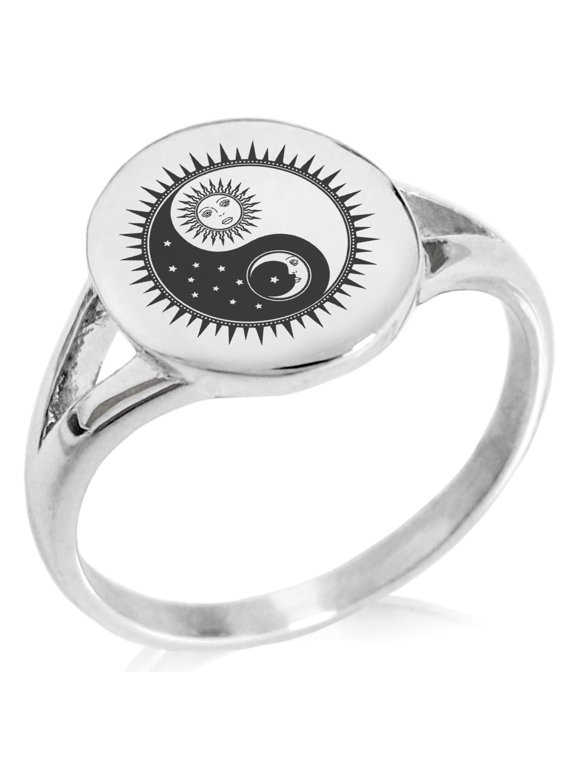 Stainless Steel Sun & Moon Yin Yang Minimalist Oval Top Polished Statement Signet Ring