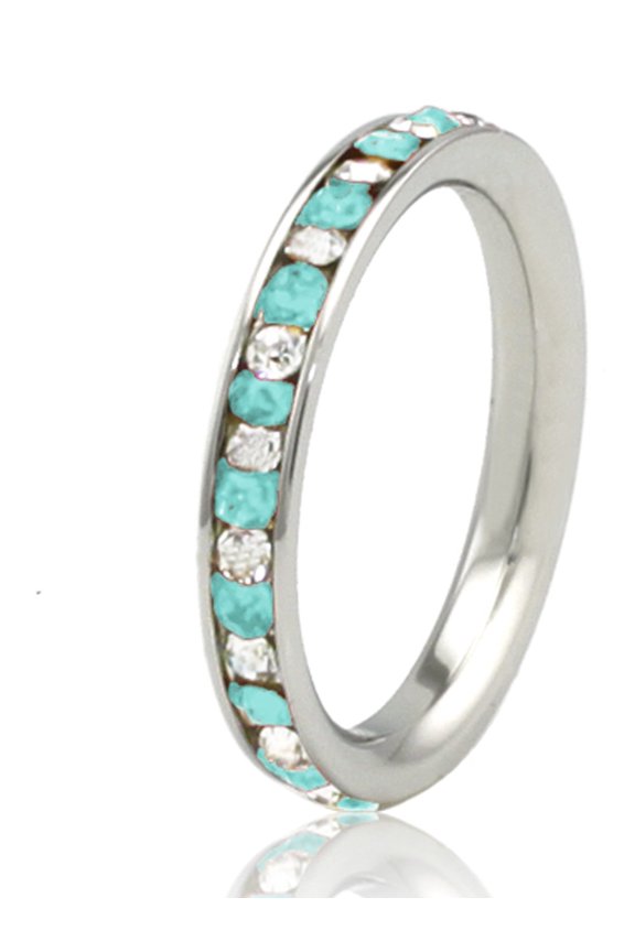 Stainless Steel Teal Aquamarine & White Crystal Channel Eternity Stackable Ring