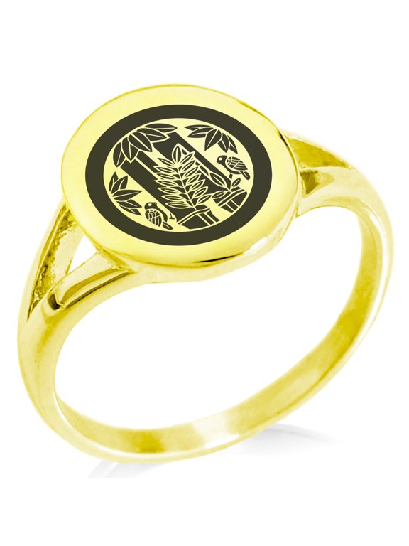 Stainless Steel Torii Samurai Crest Minimalist Oval Top Polished Statement Signet Ring