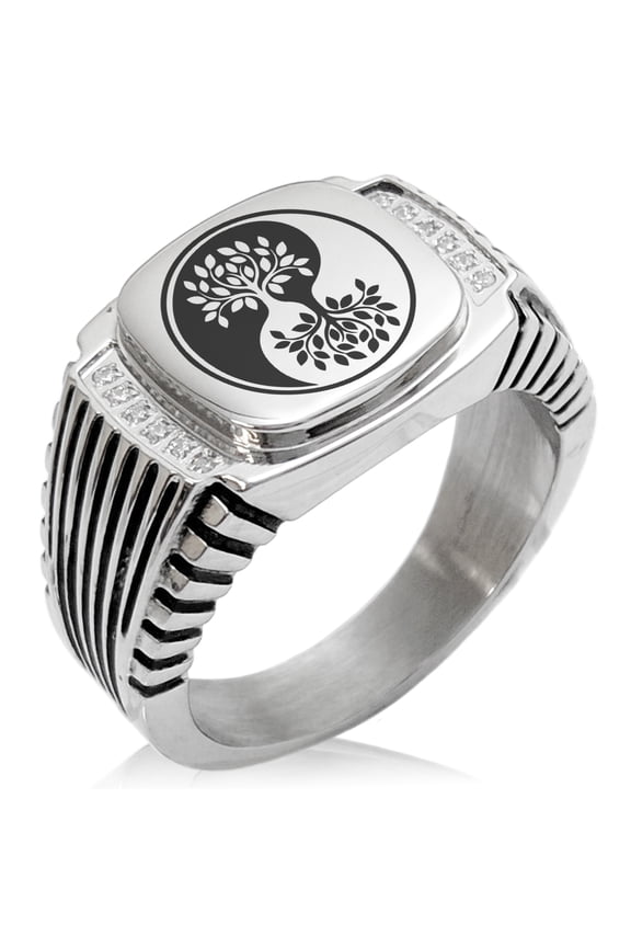 Stainless Steel Tree of Life Yin Yang CZ Ribbed Needle Stripe Pattern Biker Style Polished Ring