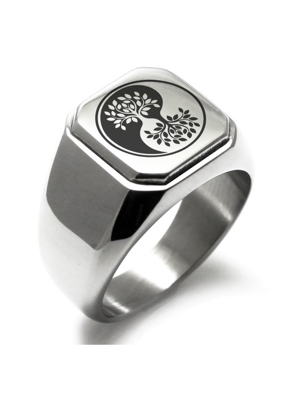 Stainless Steel Tree of Life Yin Yang Engraved Square Adult Flat Top Biker Style Male Polished Signet Ring