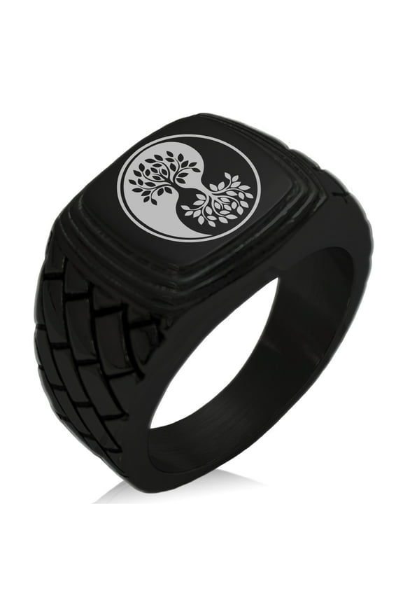 Stainless Steel Tree of Life Yin Yang Geometric Pattern Step-Down Biker Style Polished Ring