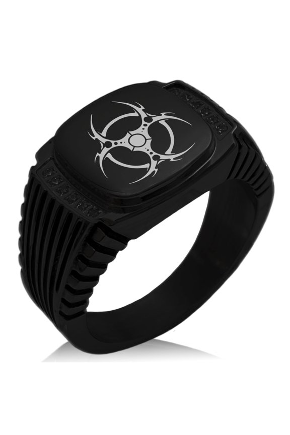 Stainless Steel Tribal Barbed Wire Biohazard CZ Ribbed Needle Stripe Pattern Biker Style Polished Ring