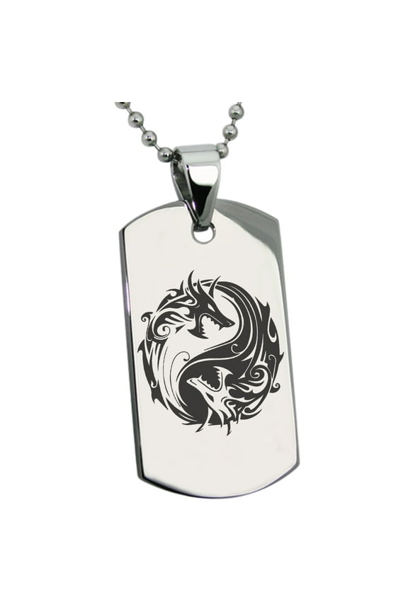 Stainless Steel Tribal Dragon Yin Yang Engraved Dog Tag Pendant Necklace