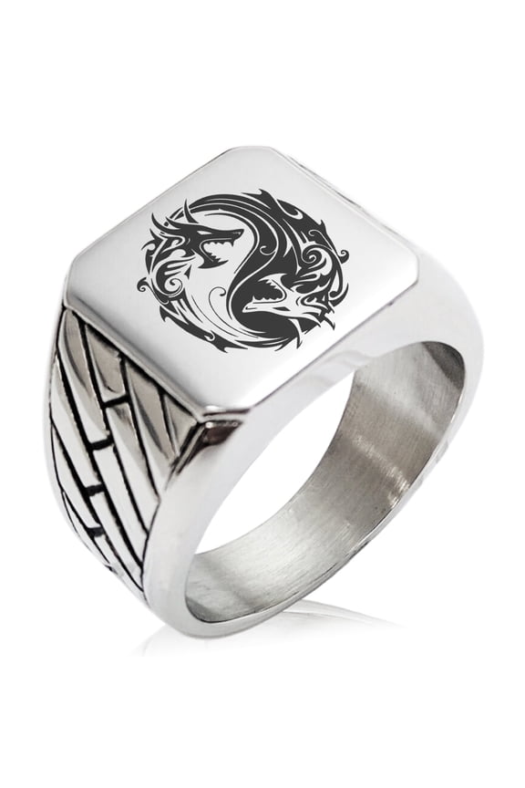 Stainless Steel Tribal Dragon Yin Yang Geometric Pattern Biker Style Polished Ring