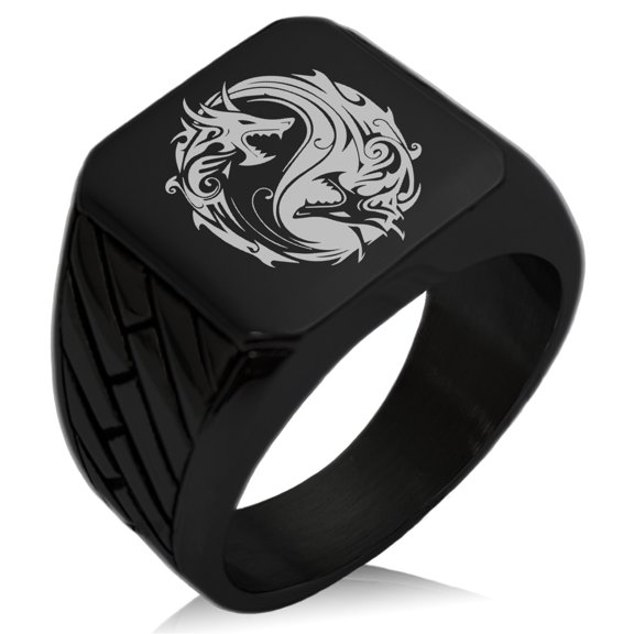 Tioneer Stainless Steel Tribal Dragon Yin Yang Geometric Pattern Biker Style Polished Ring