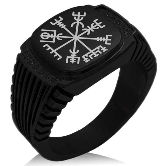 Tioneer Stainless Steel Vegvisir Viking Compass CZ Ribbed Needle Stripe Pattern Biker Style Polished Ring