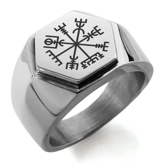 Tioneer Stainless Steel Vegvisir Viking Compass Engraved Hexagon Crest Flat Top Biker Style Polished Ring