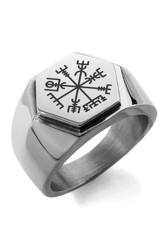 Stainless Steel Vegvisir Viking Compass Engraved Hexagon Crest Flat Top Biker Style Polished Ring