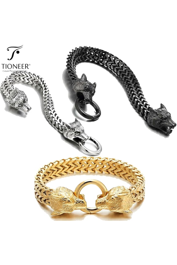 Stainless Steel Wolf Head Franco Chain Spring Clasp Bracelet 9" inch - 9.5" inch