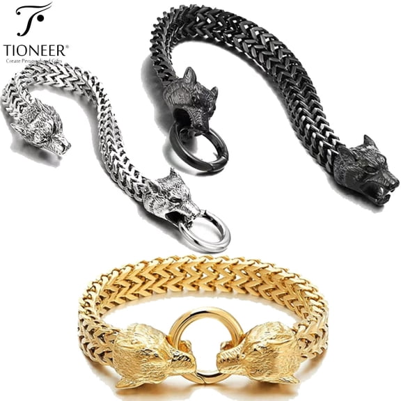 Tioneer Stainless Steel Wolf Head Franco Link Chain Spring Clasp Bracelet 9" inch - 9.5" inch