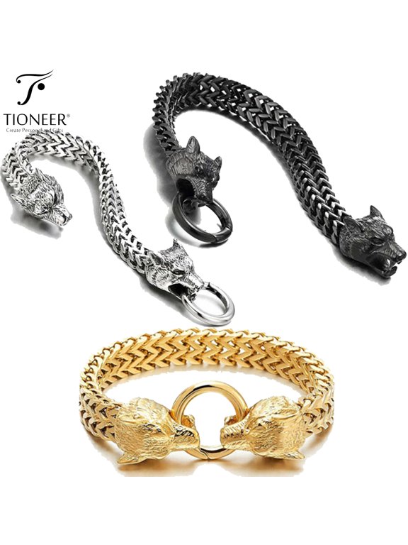 Stainless Steel Wolf Head Franco Link Chain Spring Clasp Bracelet 9" inch - 9.5" inch