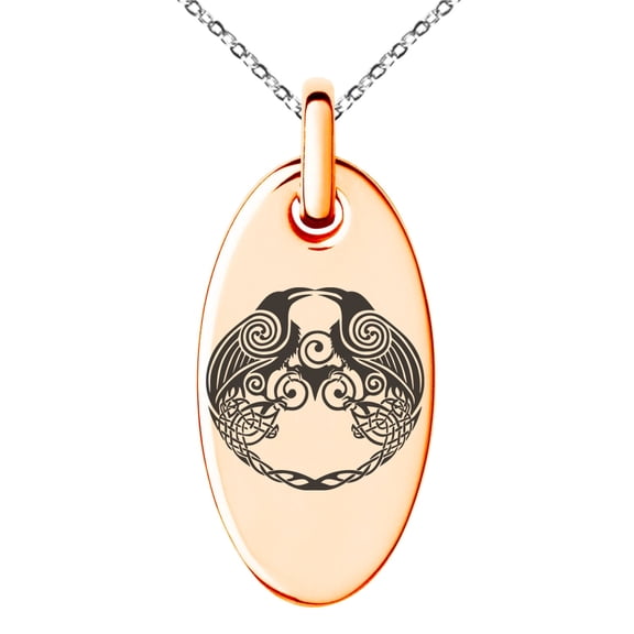 Tioneer Stainless Steel Yggdrasil Huginn & Muninn Odin's Ravens Engraved Small Oval Charm Pendant Necklace