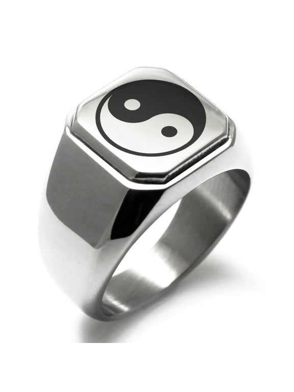 Stainless Steel Yin Yang Engraved Square Flat Top Biker Style Polished Signet Ring