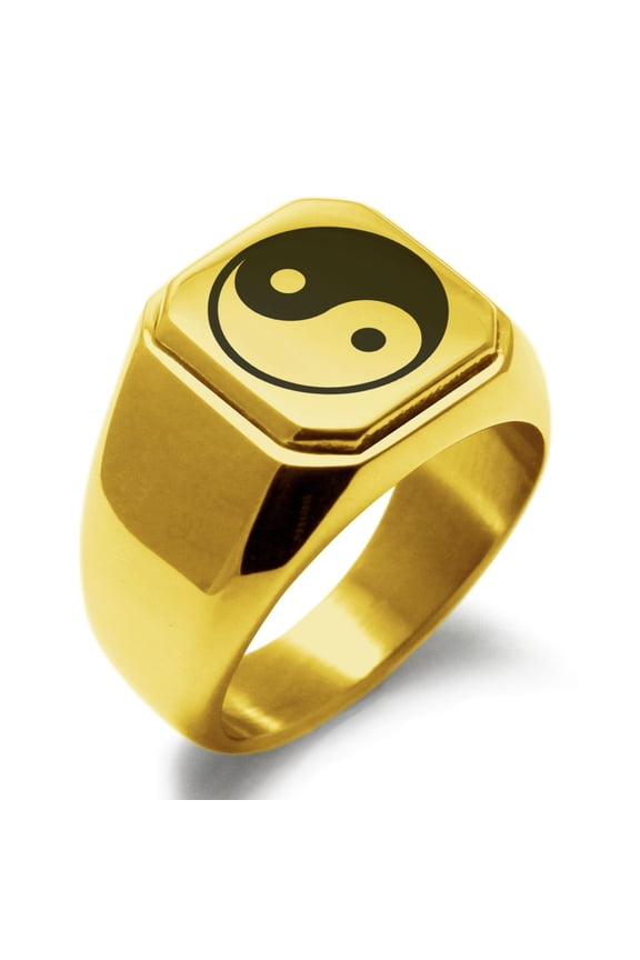 Stainless Steel Yin Yang Engraved Square Flat Top Biker Style Polished Signet Ring