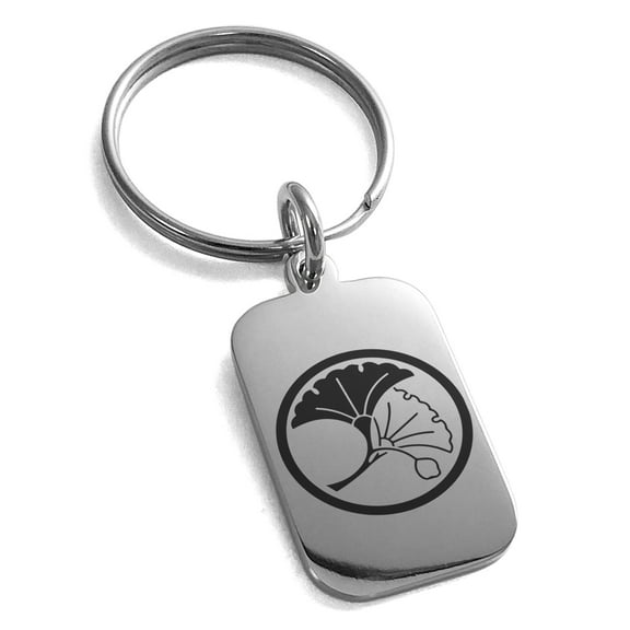 Tioneer Stainless Steel Yin Yang Ginkgo Leaves Kamon Crest Engraved Small Rectangle Dog Tag Charm Keychain Keyring