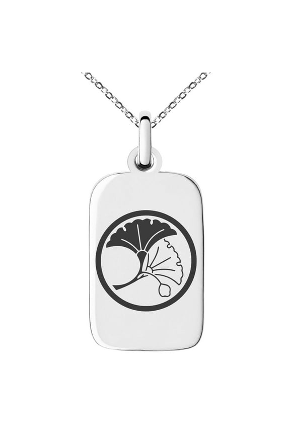 Stainless Steel Yin Yang Ginkgo Leaves Kamon Crest Engraved Small Rectangle Dog Tag Charm Pendant Necklace