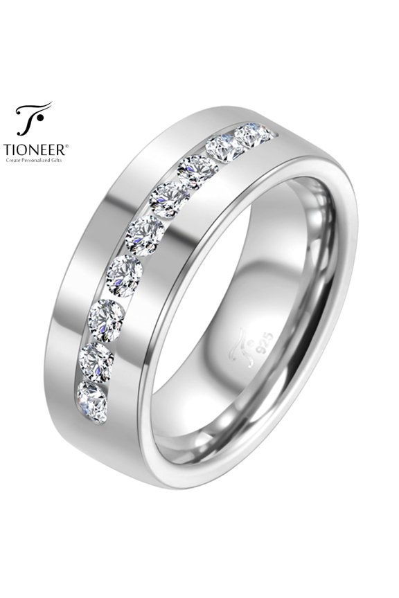 Sterling Silver 925 High Polished 8mm Ring with 9 PCS 2.5mm Cubic Zirconium with Free Engraving
