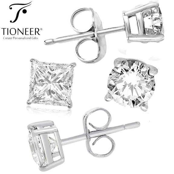 Tioneer Sterling Silver 925 Solid Round or Square Brilliant Cut Cubic Zirconia Men Women Ear Stud Earrings