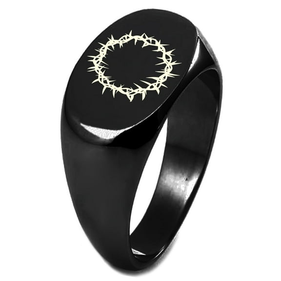 Tioneer Sterling Silver Black IP Plated Crown of Thorns Engraved Oval Flat Top Polished Ring