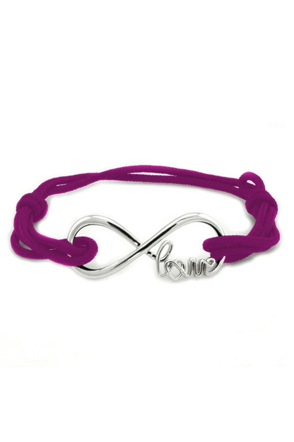 Sterling Silver Infinity Love Charm Adjustable Purple Faux Leather Rope Bracelet