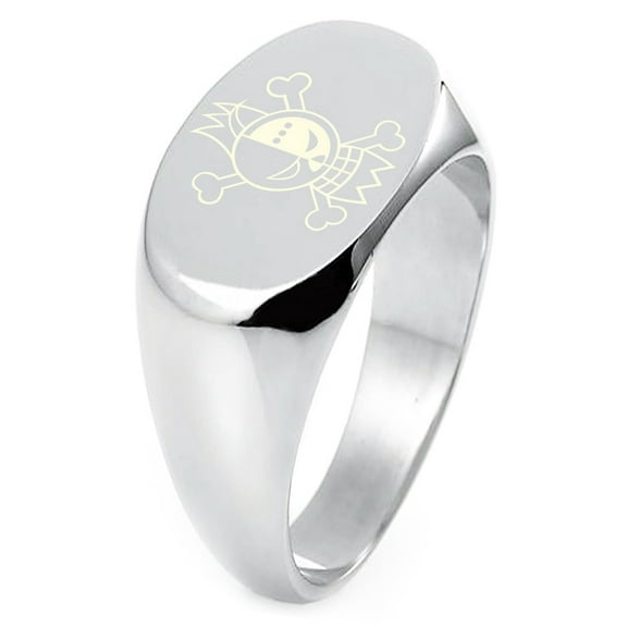 Tioneer Sterling Silver One Piece Franky Pirate Skull Flag Engraved Oval Flat Top Polished Ring