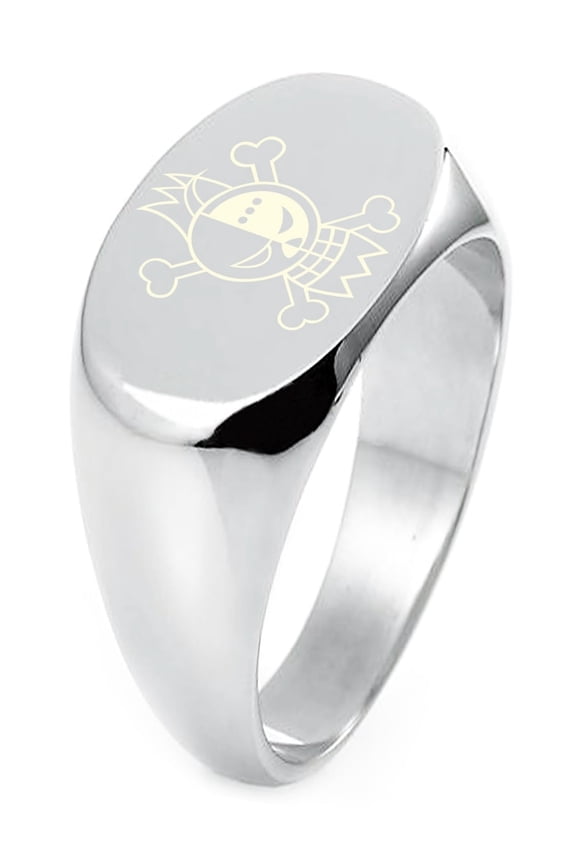 Sterling Silver One Piece Franky Pirate Skull Flag Engraved Oval Flat Top Polished Ring