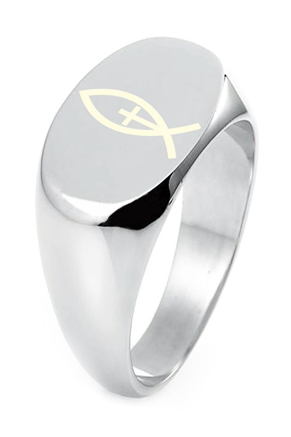 Sterling Silver Vertical Ichthus Cross Fish Symbol Engraved Oval Flat Top Polished Ring