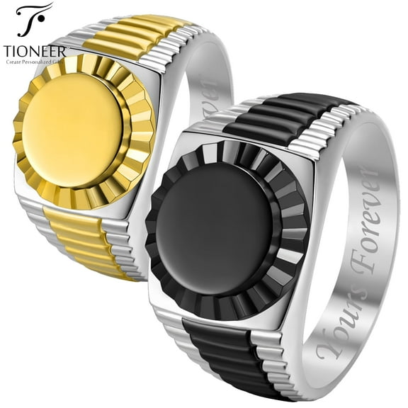 Tioneer Style Ring 316L Stainless Steel Two-Tone Round Square Flat Top Classic Black Gold Free Yours Forever Engraved