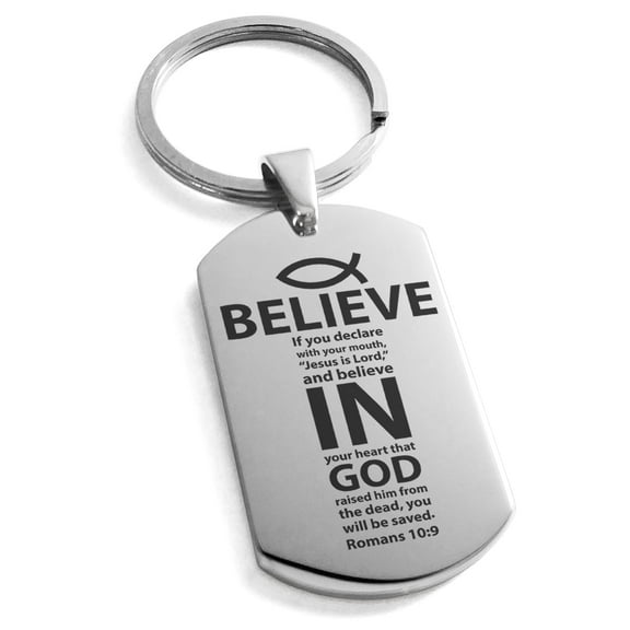 Tioneer Tioneer Stainless Steel Believe in God Romans 10:9 Engraved Dog Tag Keychain Keyring