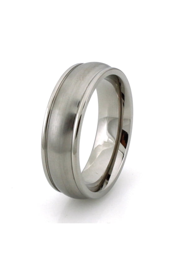 Titanium Classic Dome Style Grooved Edge CZ Wedding Band Ring