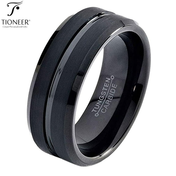 Tioneer Tungsten Carbide 8 mm Black Band with Groove Center Wedding Band Ring Men Women 8mm w/ Free Engraving