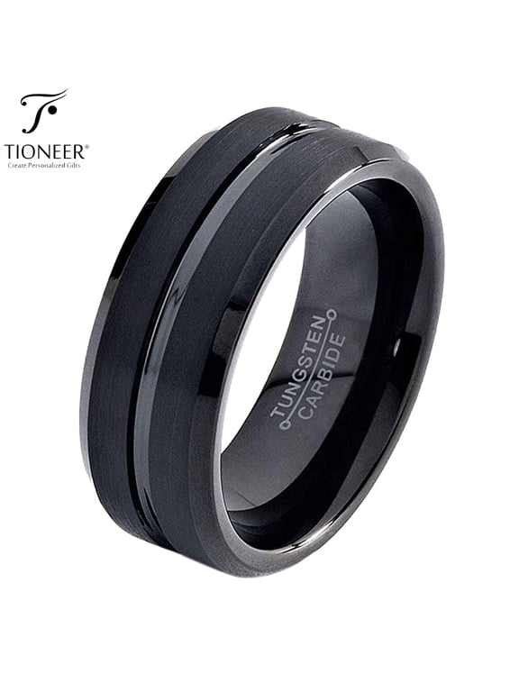 Tungsten Carbide 8 mm Black Band with Groove Center Wedding Band Ring Men Women 8mm w/ Free Engraving