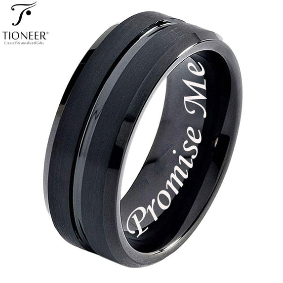 Tioneer Tungsten Carbide 8 mm Black Band with Groove Center Wedding Band Ring Men Women CZ Engraving