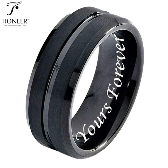 Tioneer Tungsten Carbide 8 mm Black Band with Groove Center CZ Wedding Band Ring Men Women 8MM