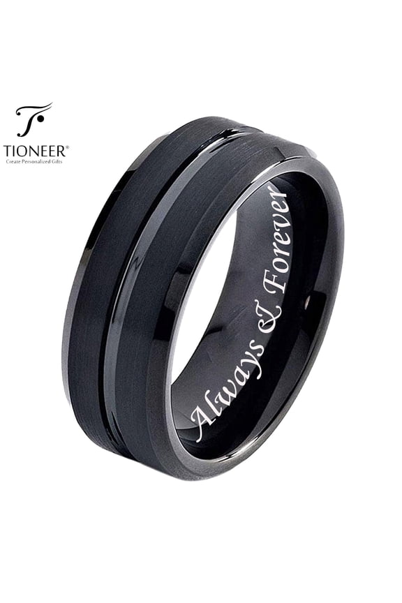 Tungsten Carbide 8 mm Black Band with Groove Center Wedding Band Ring Mens Womens 8MM w/ FREE Engraving