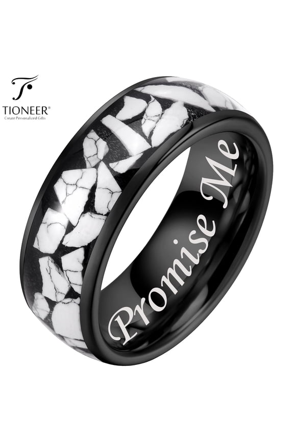 Tungsten Carbide 8mm Wedding Band in Black or Gold w/ White Turquoise Ceramic Fragments w/ Free Engraving Options
