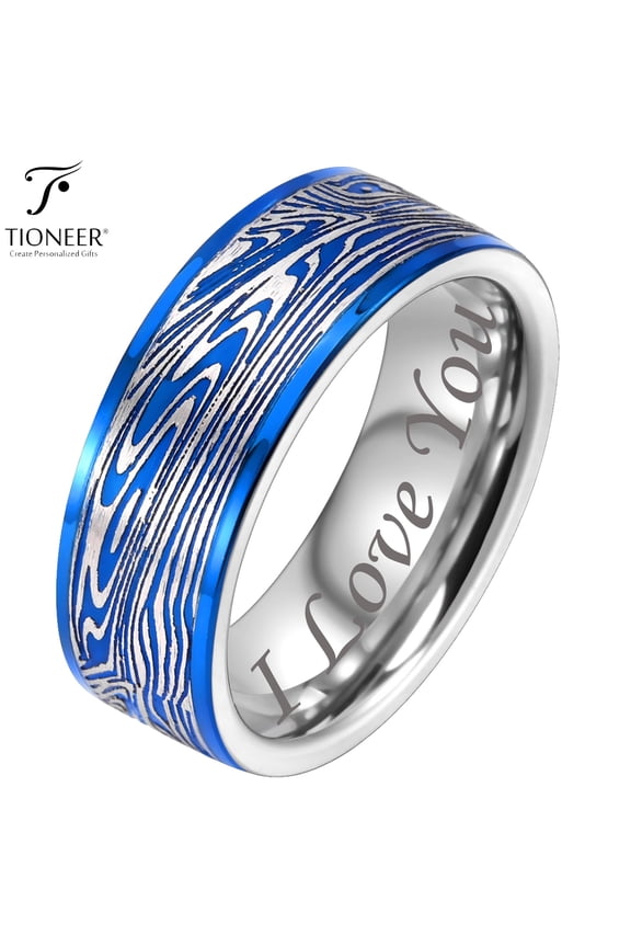 Tungsten Carbide Band w/ Flowing River Damascus Design 8mm Ring in Black or Blue