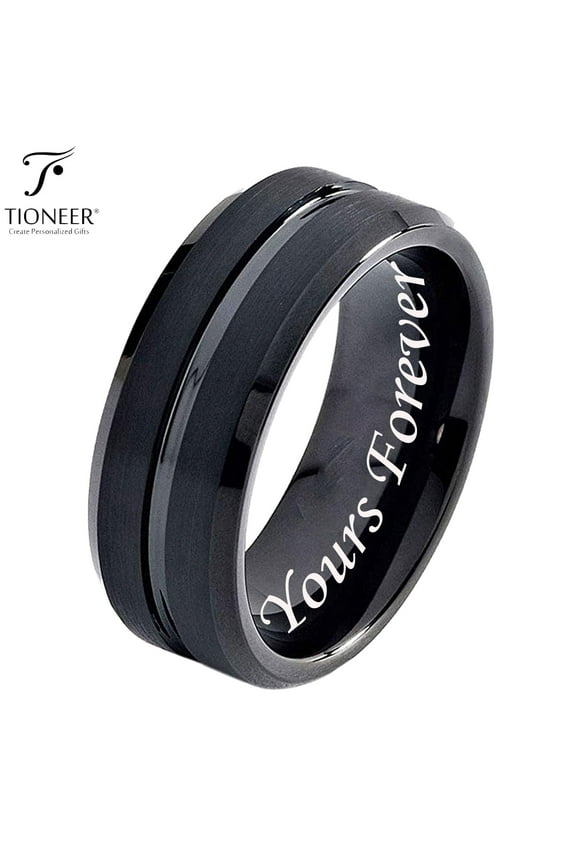 Tungsten Carbide Black Band Groove Center Wedding Band Ring Men Women CZ Free Engraving 8mm