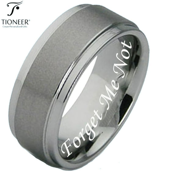 Tioneer Tungsten Carbide Brushed Pipe Cut Polished Edges Wedding Band Ring Forget Me Not Engraved 8MM
