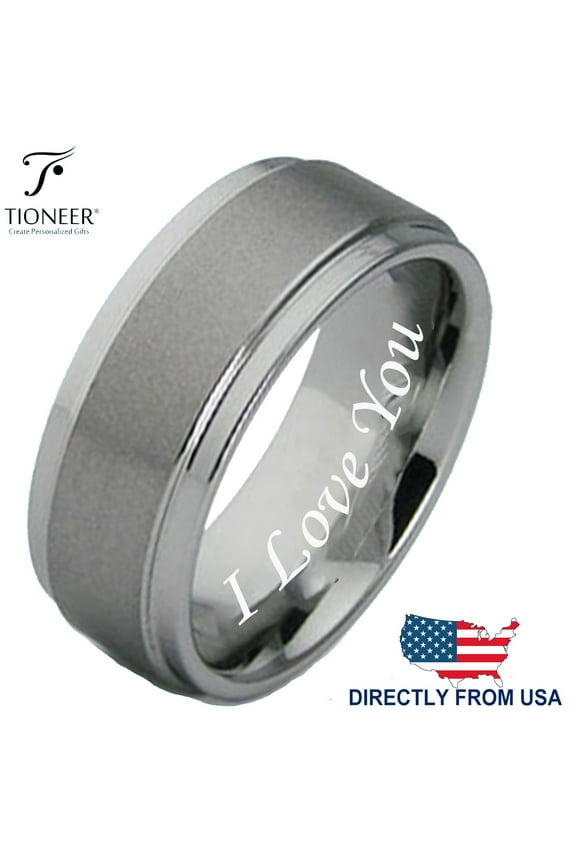 Tungsten Carbide Brushed Pipe Cut Polished Edges Wedding Band Ring I Love You Engraved 8mm