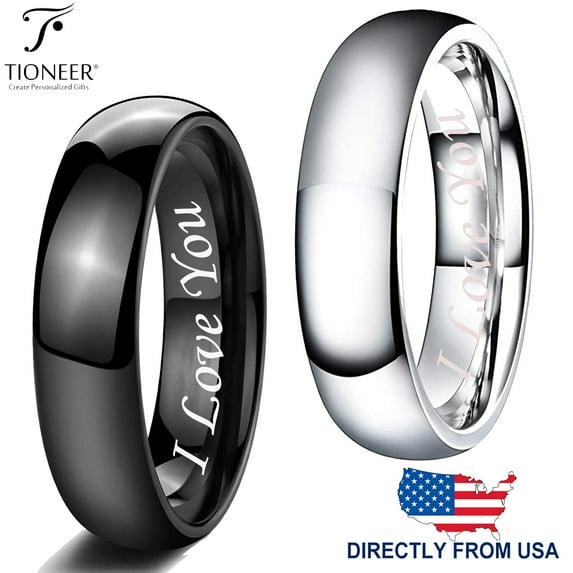 Tioneer Tungsten Carbide Classic Polished Plain Dome Wedding Band Promise Ring Unisex I Love You Engraved
