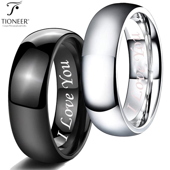 Tioneer Tungsten Carbide Classic Polished Plain Wedding Band Promise Ring I Love You Engraved 8mm