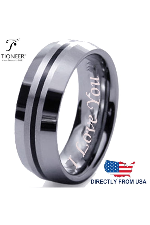 Tungsten Carbide Contemporary Black Inlay Dome Wedding Band Ring CZ I Love You Engraved 8MM