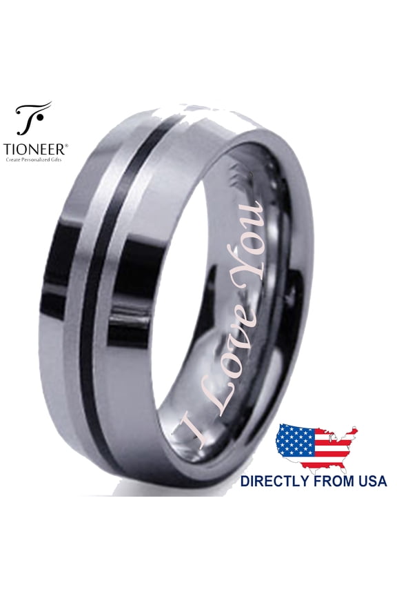 Tungsten Carbide Contemporary Black Strip Inlay Dome Wedding Band Ring I Love You Engraved 8MM